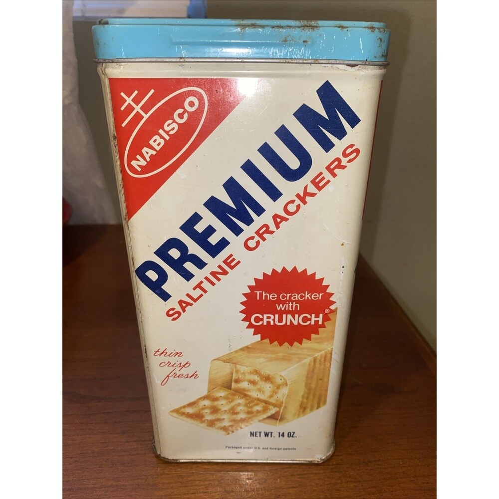 Vintage 1969 Nabisco Premium Saltine Cracker Tin 14oz. Light Blue Top